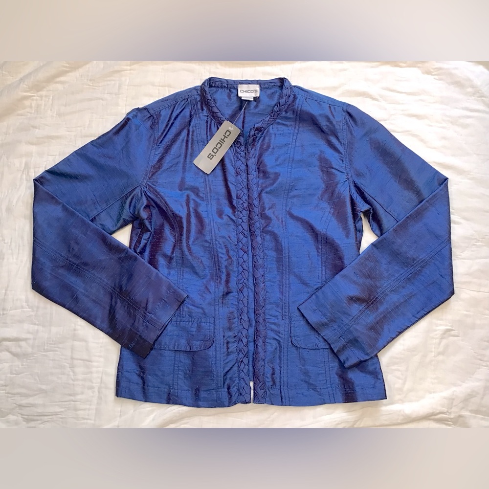 NWT Chicoโs 100% Silk Open Front Braided Radberry Blazer Jacket 0 (Small)โ